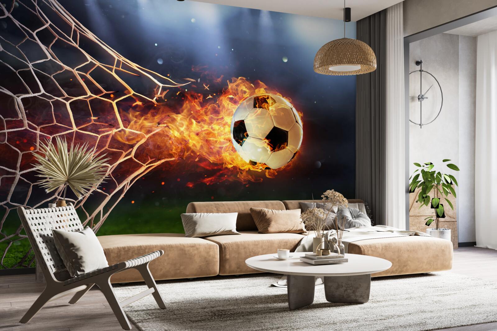 Фотошпалери палаючий м'яч вибухає у сітці воріт
