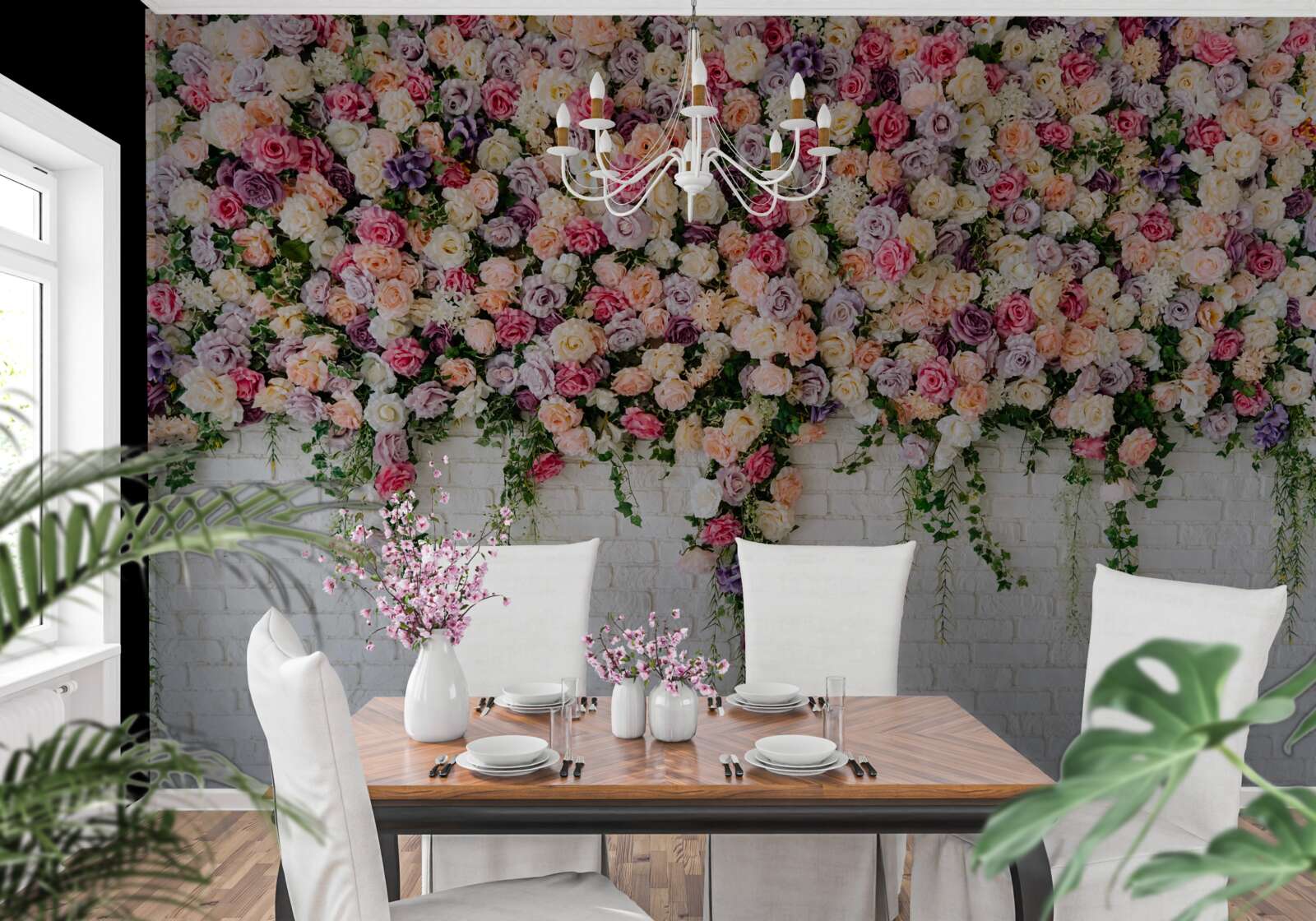 Фотошпалери Цегляна стіна, прикрашена квітами трояндових кущів