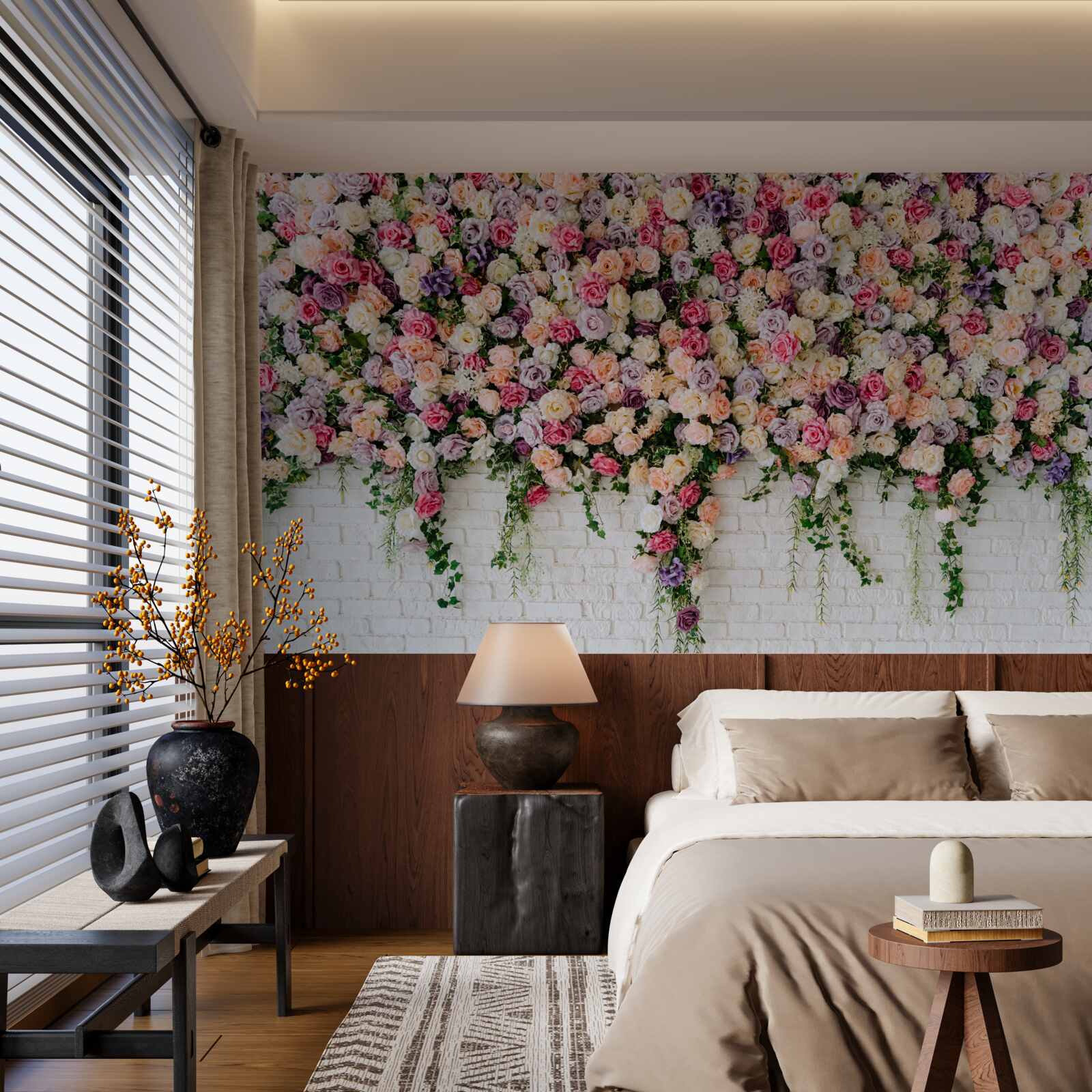 Фотошпалери Цегляна стіна, прикрашена квітами трояндових кущів