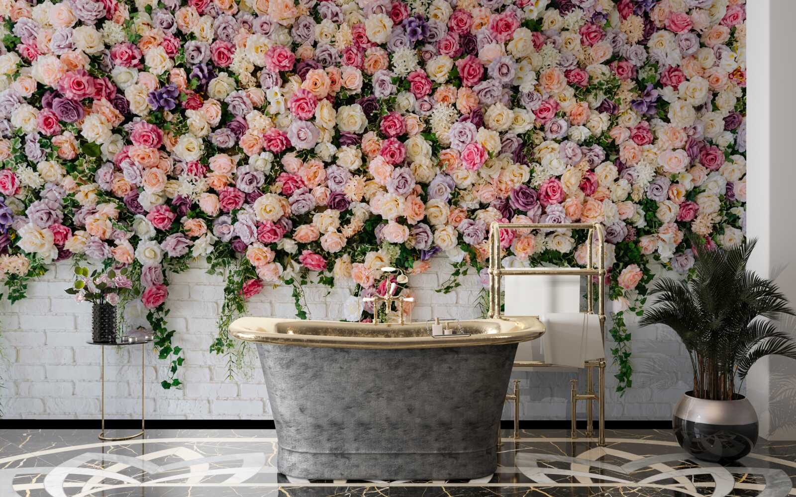 Фотошпалери Цегляна стіна, прикрашена квітами трояндових кущів