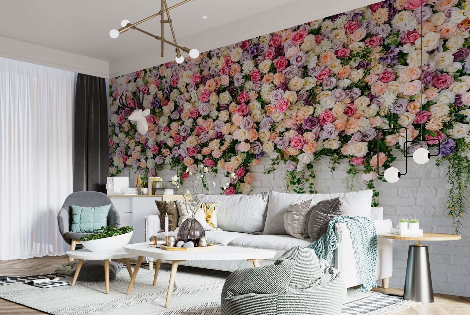 Фотошпалери Цегляна стіна, прикрашена квітами трояндових кущів