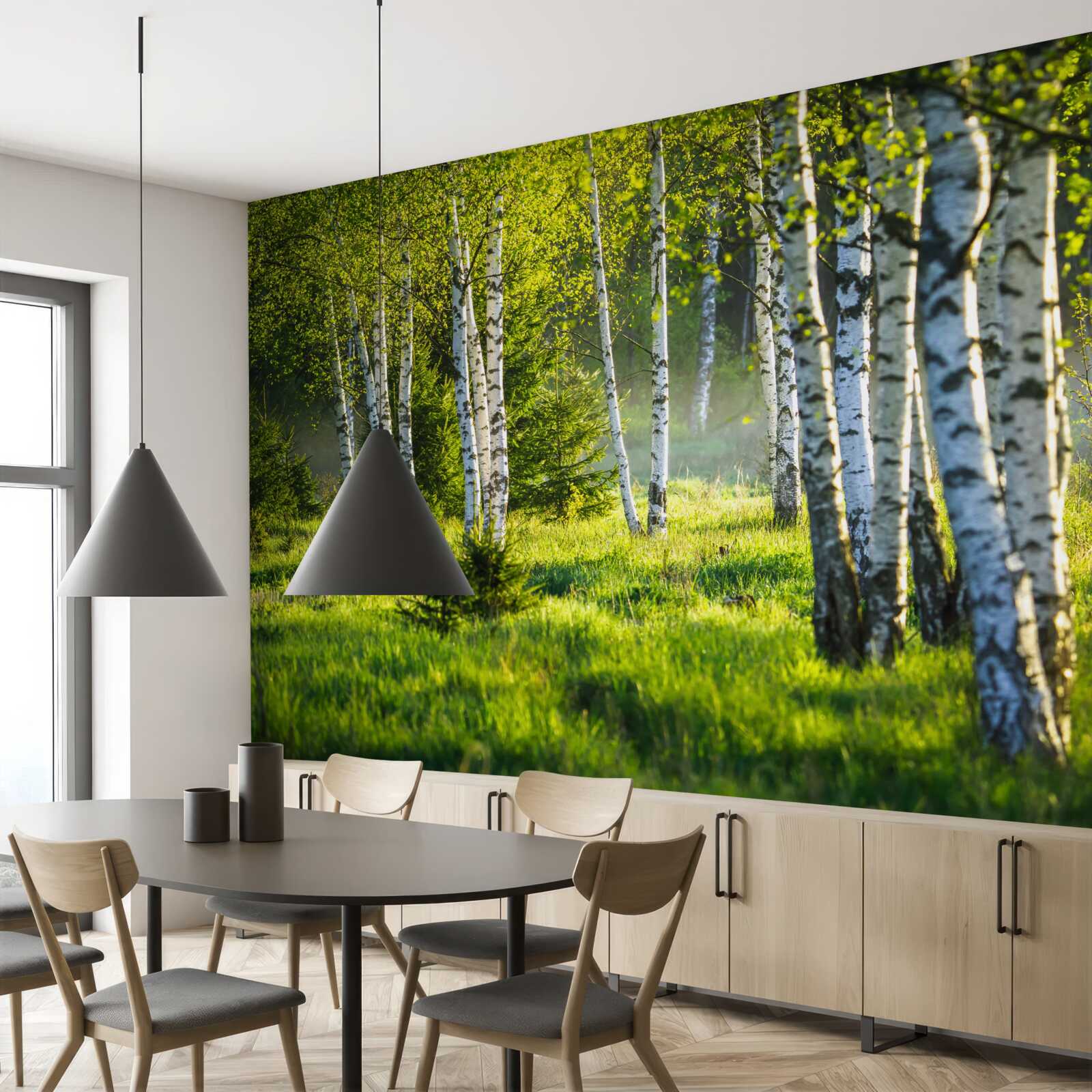 Фотошпалери Луки, прикрашені величними березами, пофарбовані в яскраво-зелений колір