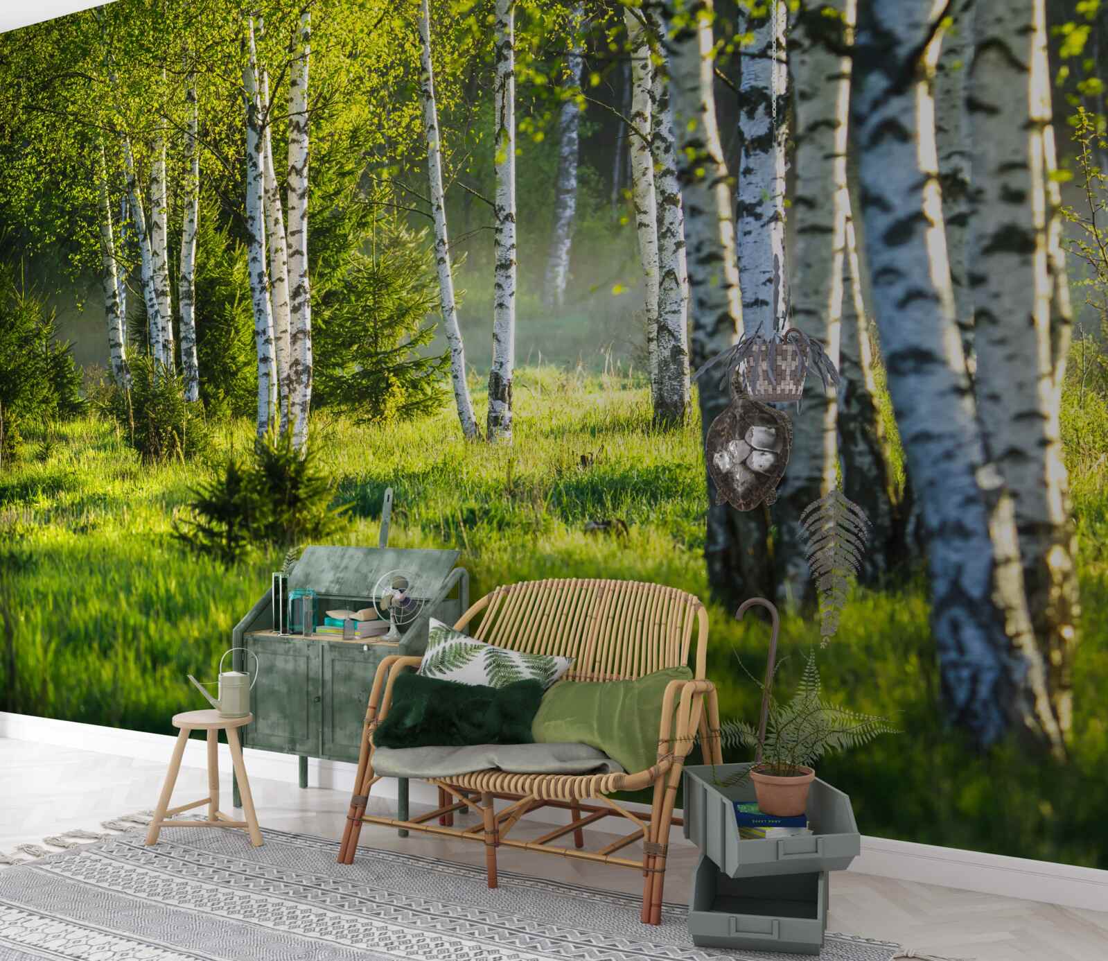 Фотошпалери Луки, прикрашені величними березами, пофарбовані в яскраво-зелений колір