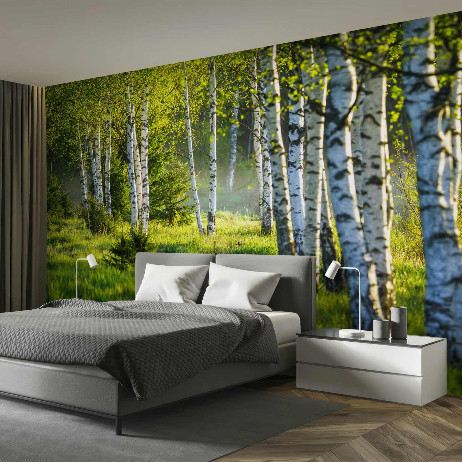 Фотошпалери Луки, прикрашені величними березами, пофарбовані в яскраво-зелений колір