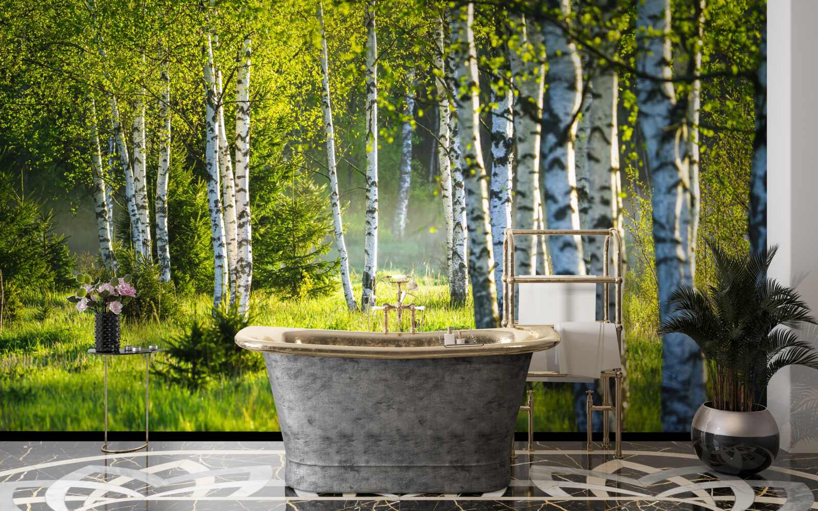 Фотошпалери Луки, прикрашені величними березами, пофарбовані в яскраво-зелений колір