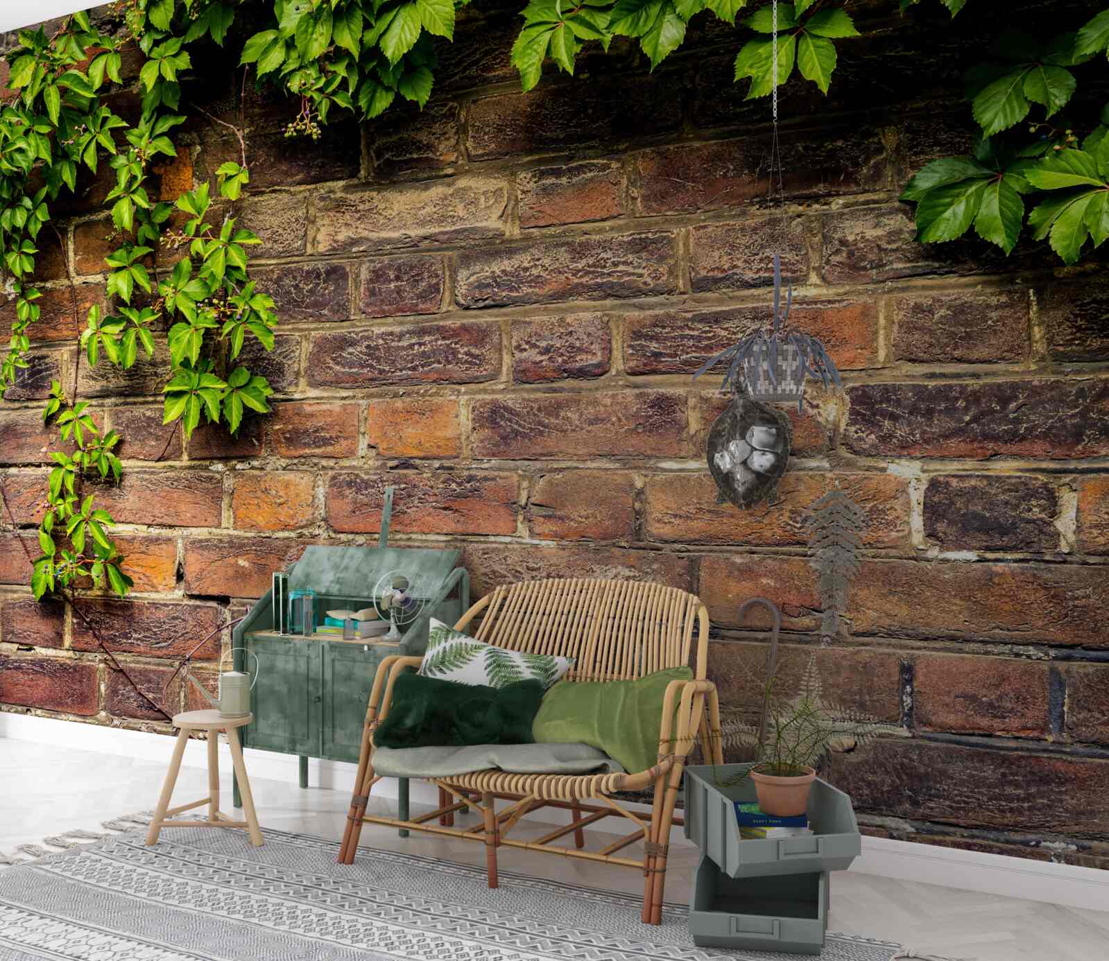 Фотошпалери Цегляна стіна, обвита зеленими рослинами