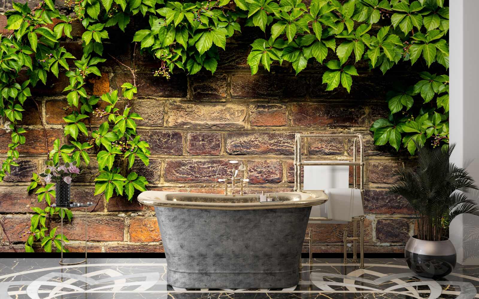 Фотошпалери Цегляна стіна, обвита зеленими рослинами