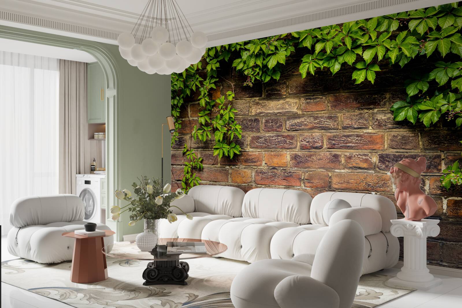 Фотошпалери Цегляна стіна, обвита зеленими рослинами