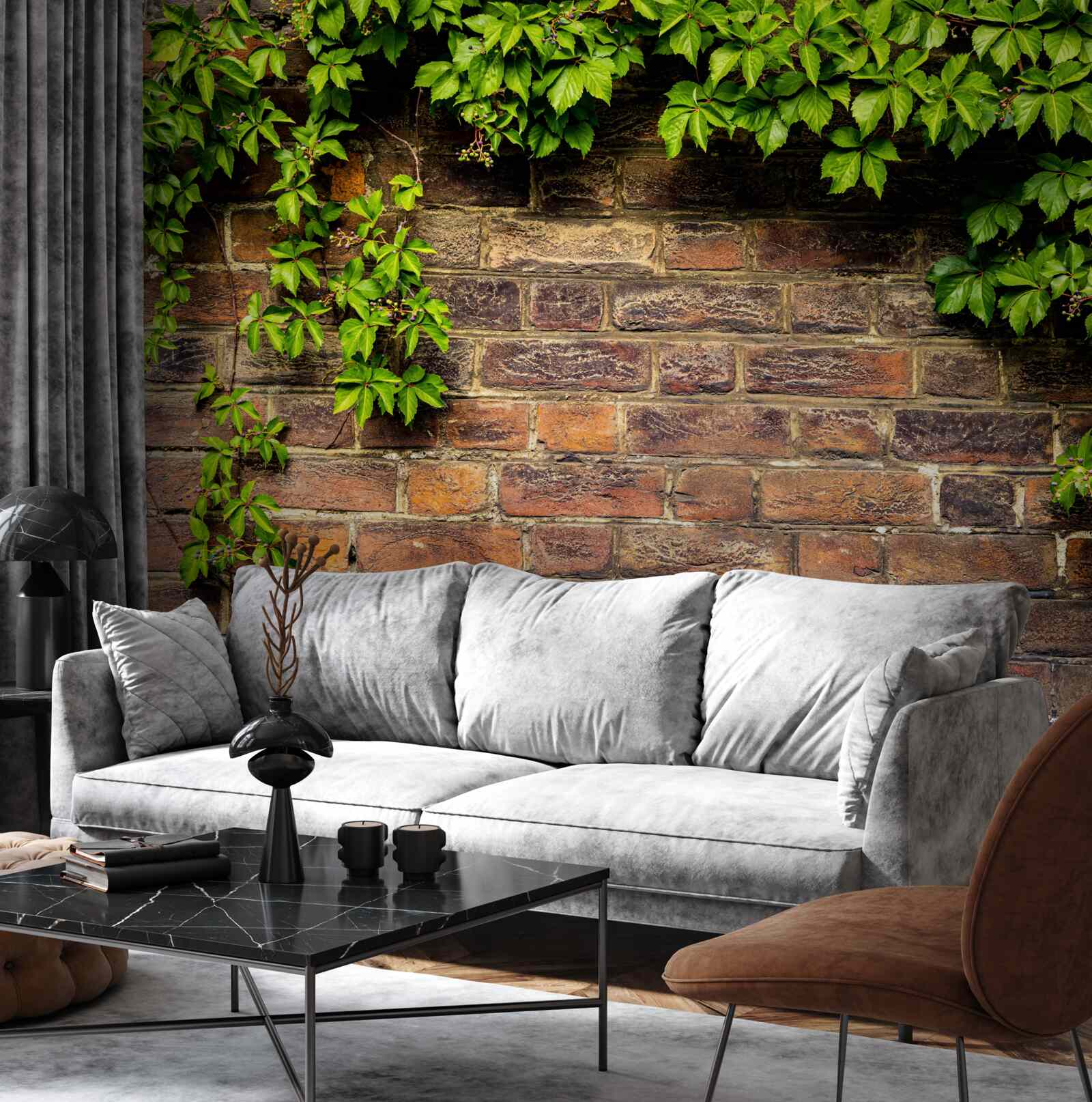 Фотошпалери Цегляна стіна, обвита зеленими рослинами