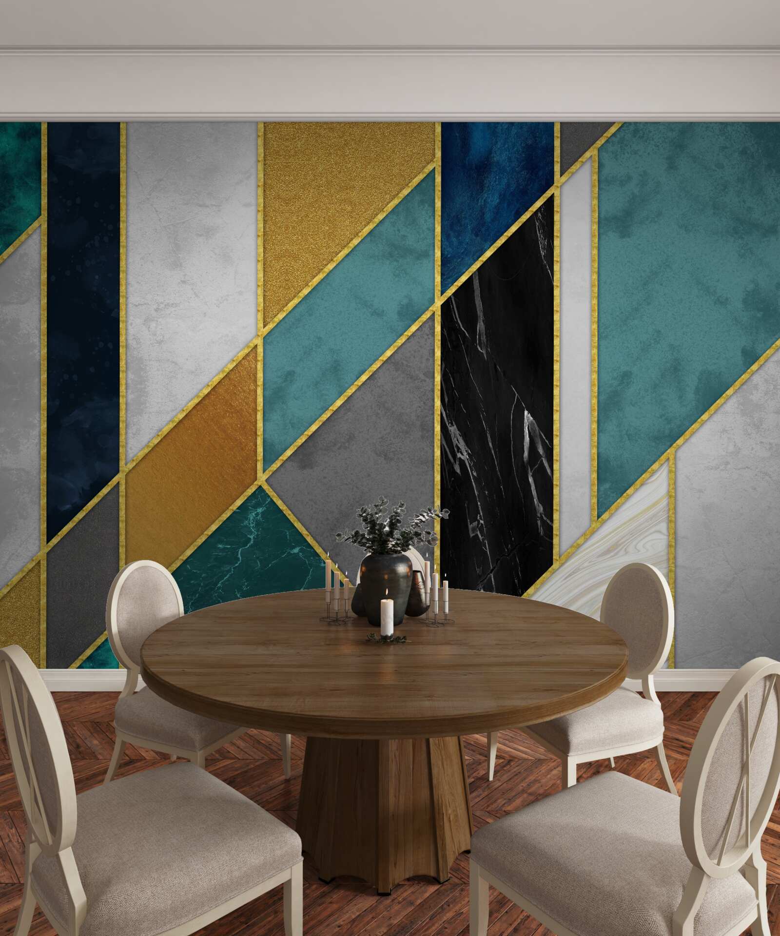 Фотошпалери мармур різних кольорів, оздоблений позолоченими фігурками