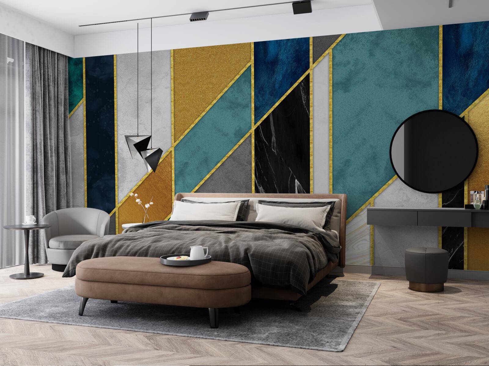 Фотошпалери мармур різних кольорів, оздоблений позолоченими фігурками