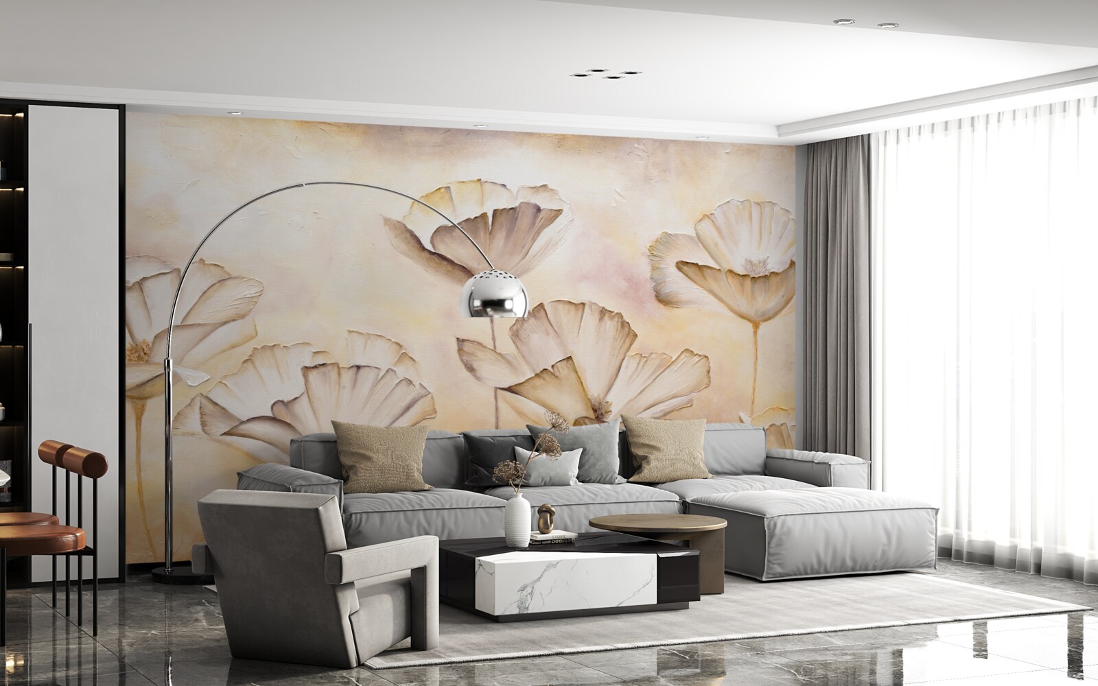 Фотошпалери ранок у тумані та величних маках