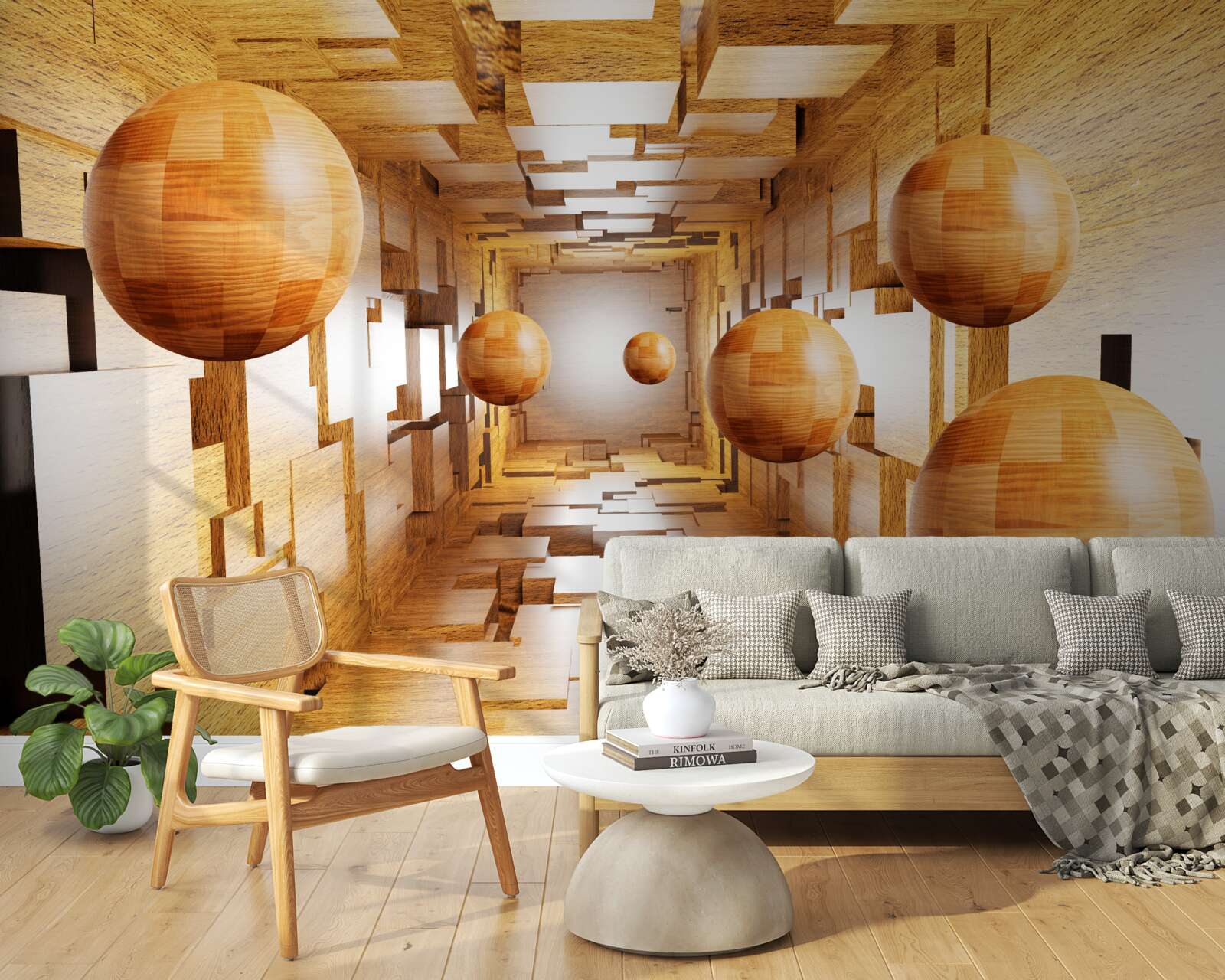 Фотошпалери дерев'яні кульки, що злітають у небо, плавають у повітрі