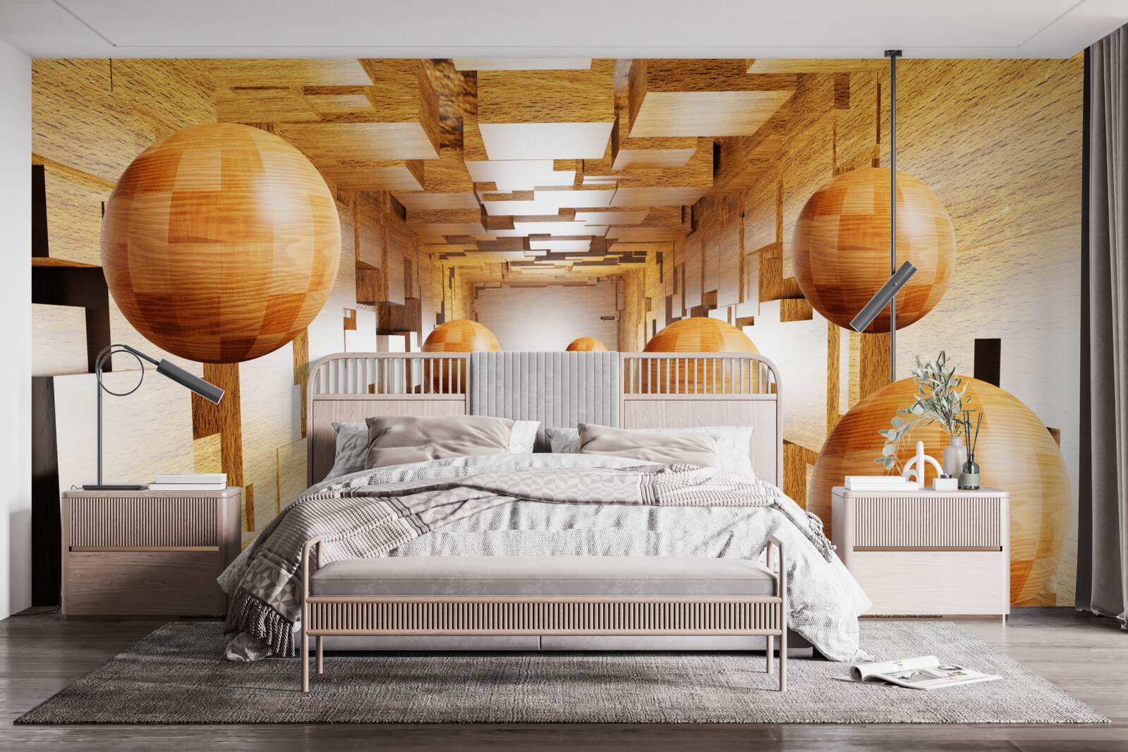 Фотошпалери дерев'яні кульки, що злітають у небо, плавають у повітрі