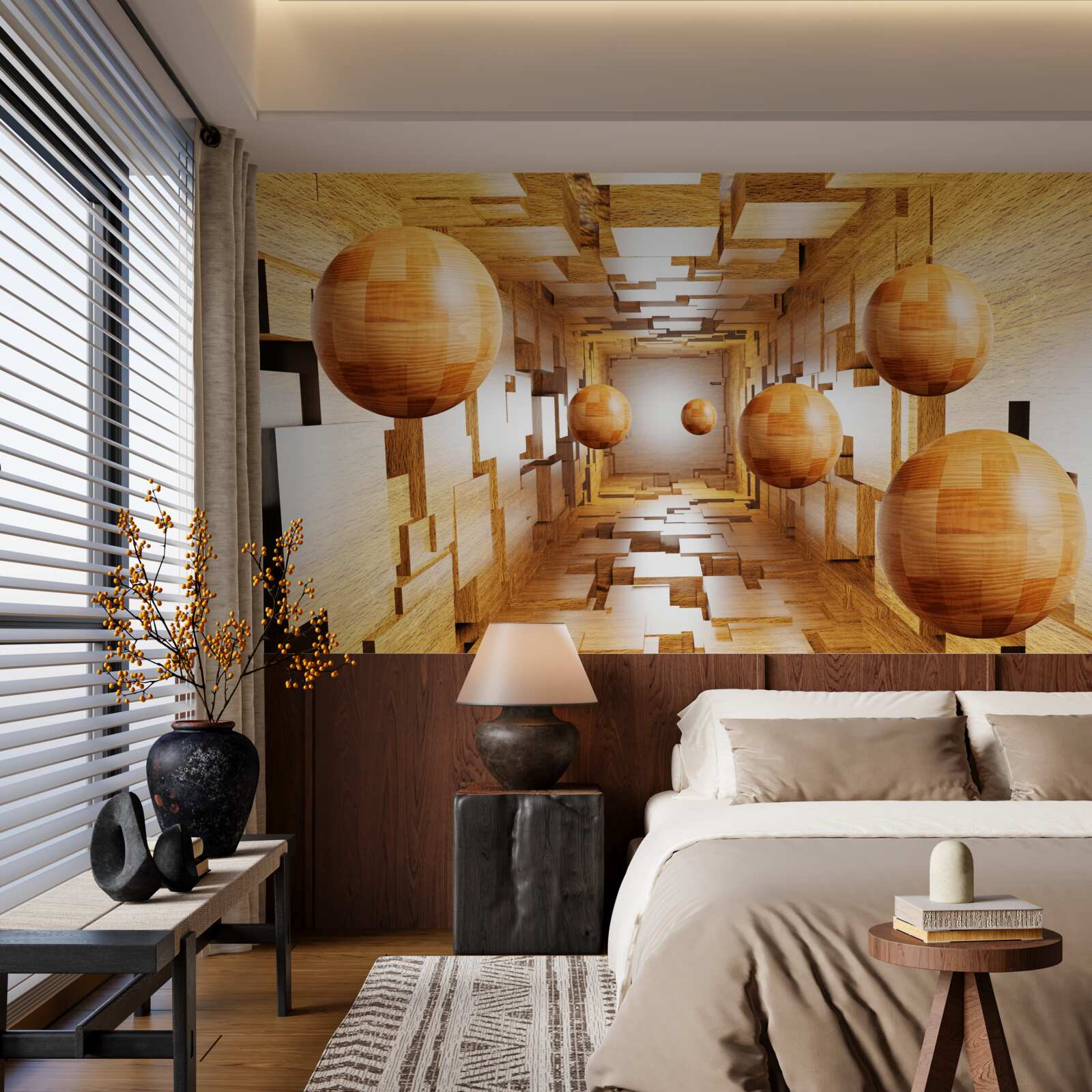 Фотошпалери дерев'яні кульки, що злітають у небо, плавають у повітрі