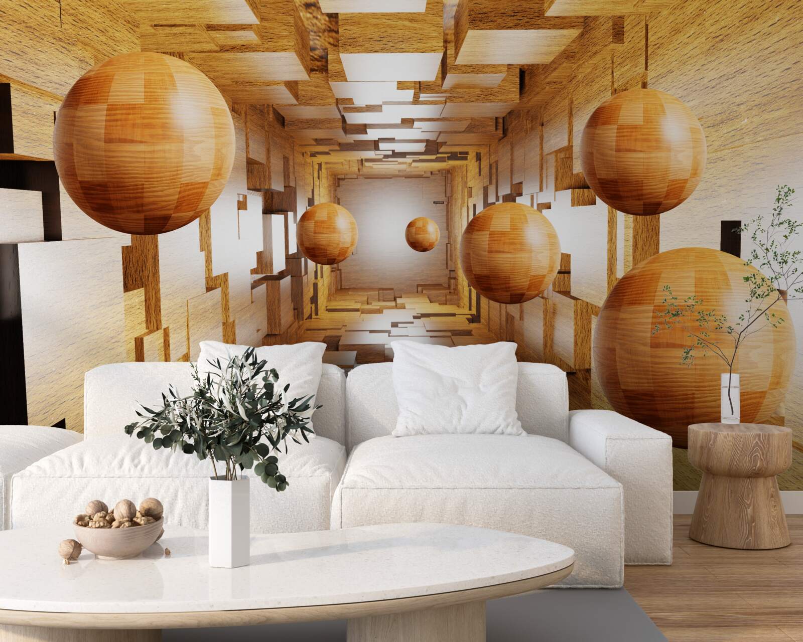 Фотошпалери дерев'яні кульки, що злітають у небо, плавають у повітрі