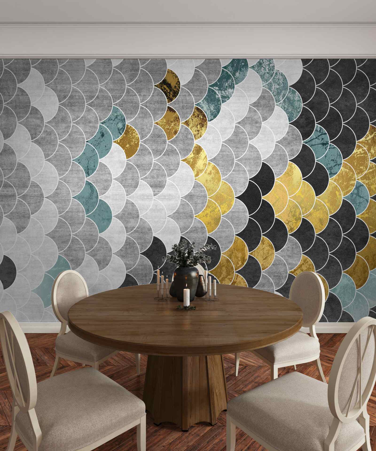 Фотошпалери геометричні фігури в чорно-білому кольорі з золотими елементами