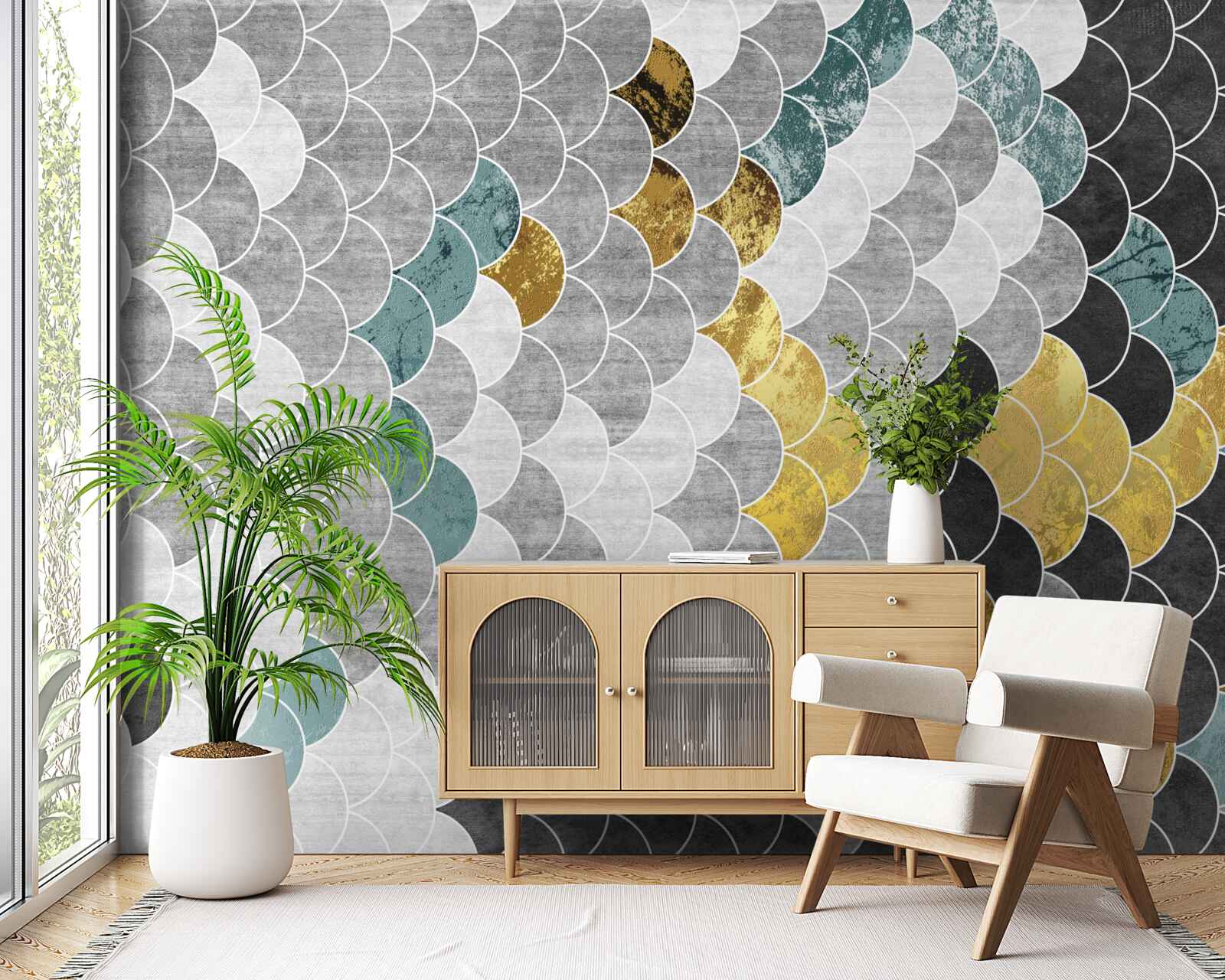 Фотошпалери геометричні фігури в чорно-білому кольорі з золотими елементами