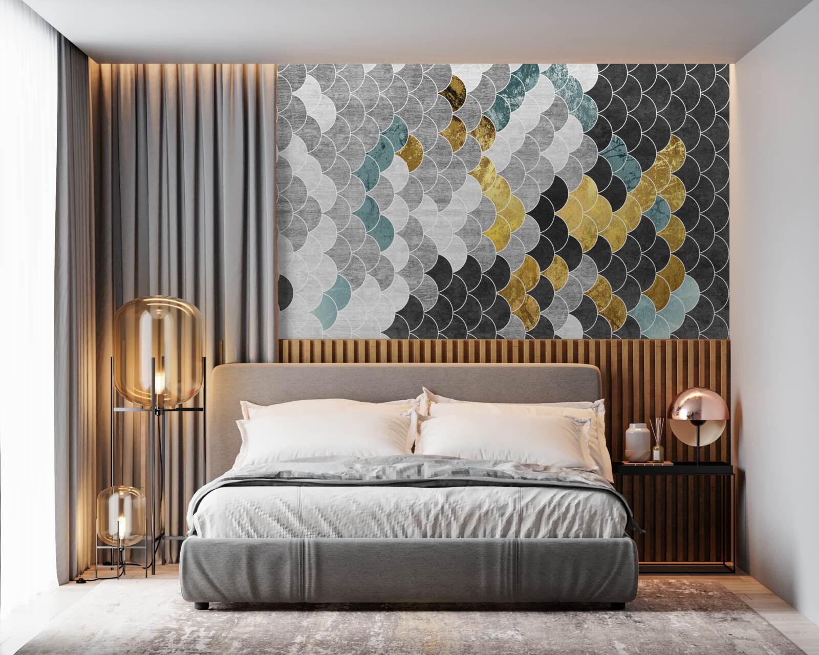 Фотошпалери геометричні фігури в чорно-білому кольорі з золотими елементами