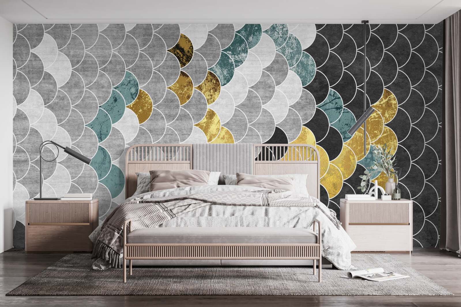 Фотошпалери геометричні фігури в чорно-білому кольорі з золотими елементами