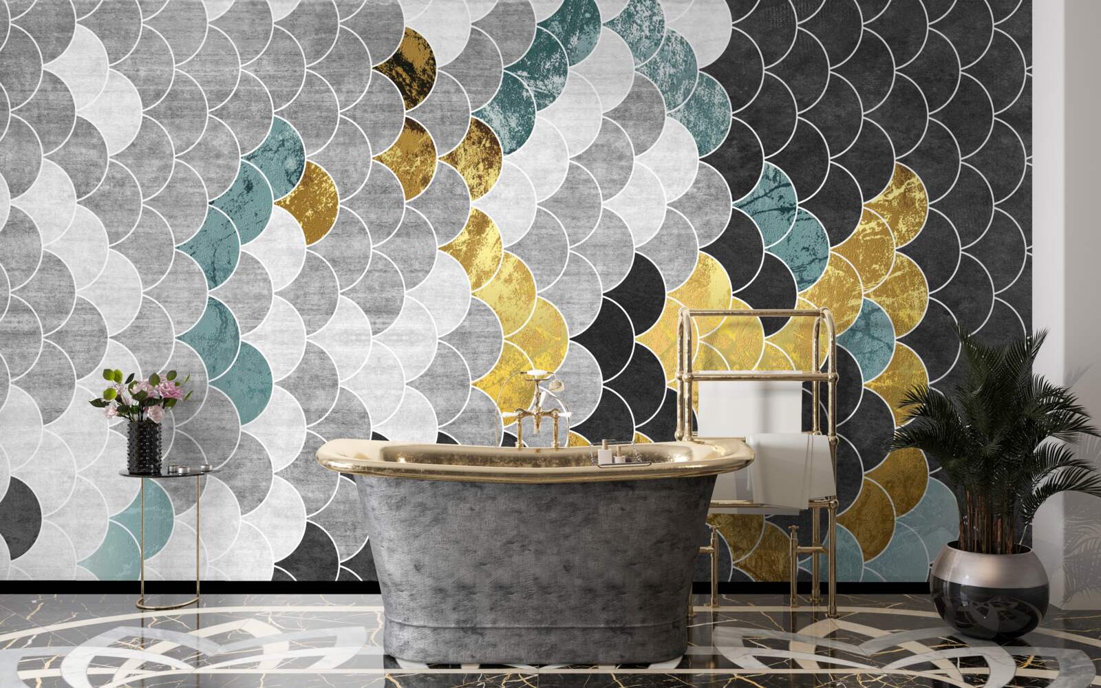 Фотошпалери геометричні фігури в чорно-білому кольорі з золотими елементами