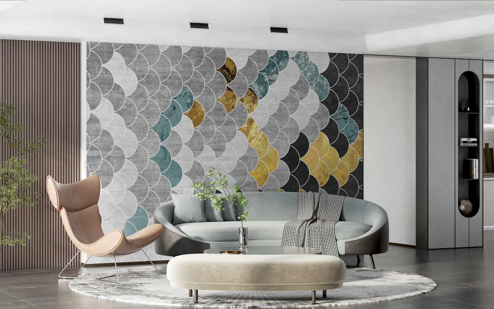 Фотошпалери геометричні фігури в чорно-білому кольорі з золотими елементами