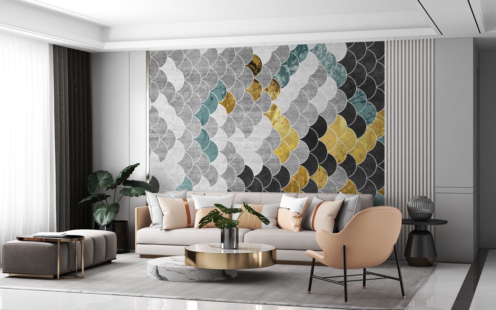 Фотошпалери геометричні фігури в чорно-білому кольорі з золотими елементами