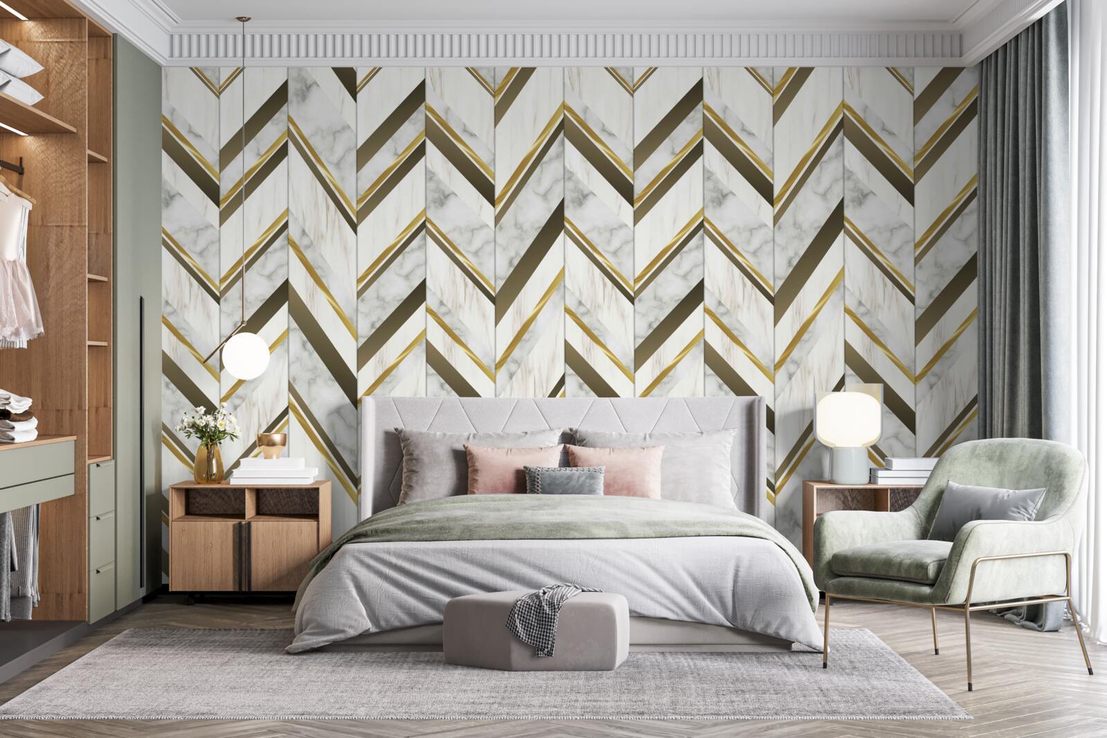 Фотошпалери сині та коричневі лінії, розташовані зигзагоподібно