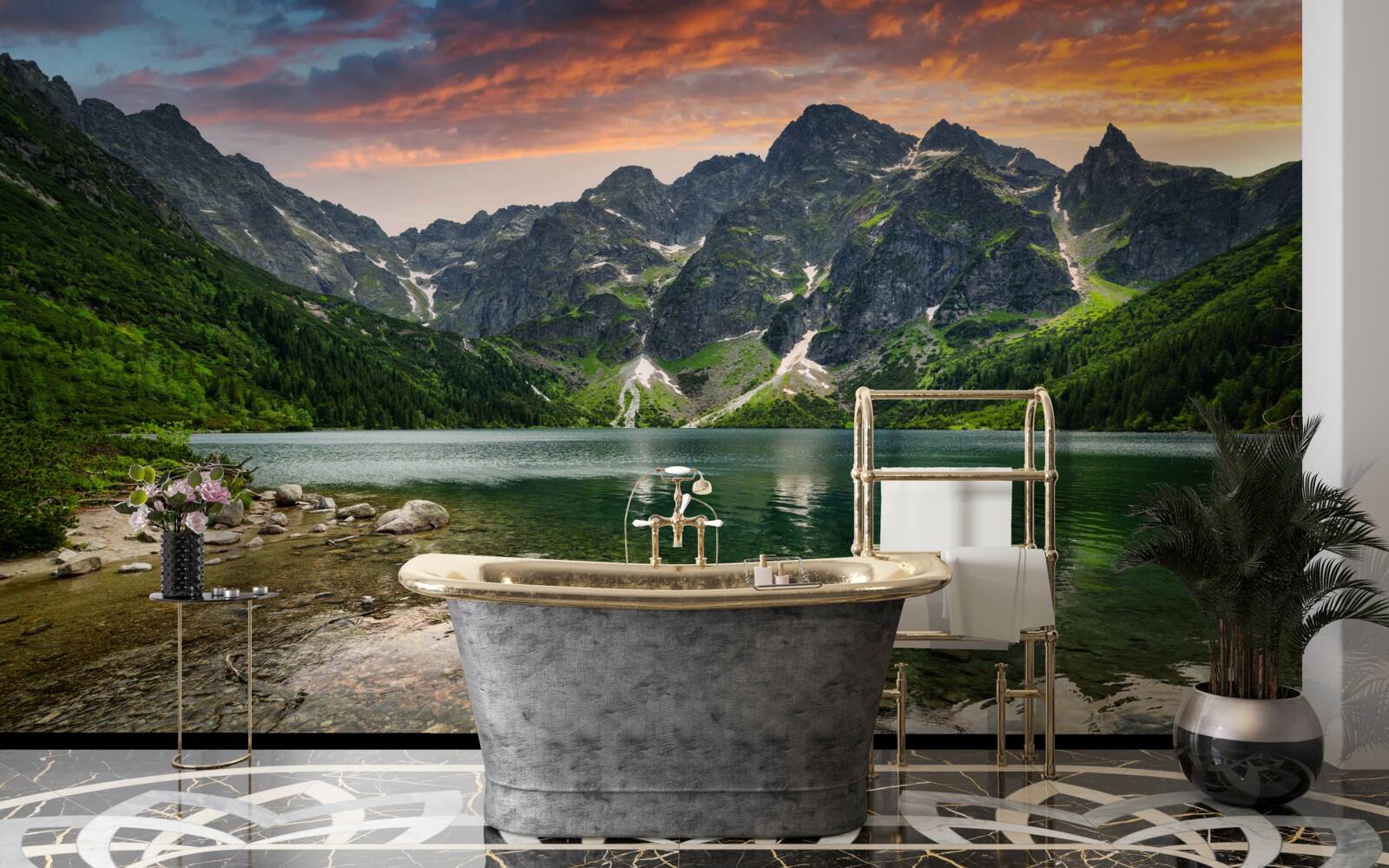 Фотошпалери тихий, теплий вечір і гірський ставок