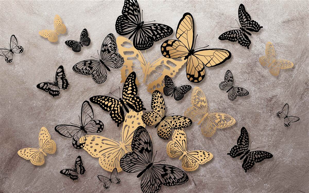 Фотошпалери золотисті та чорні метелики здіймаються в повітря