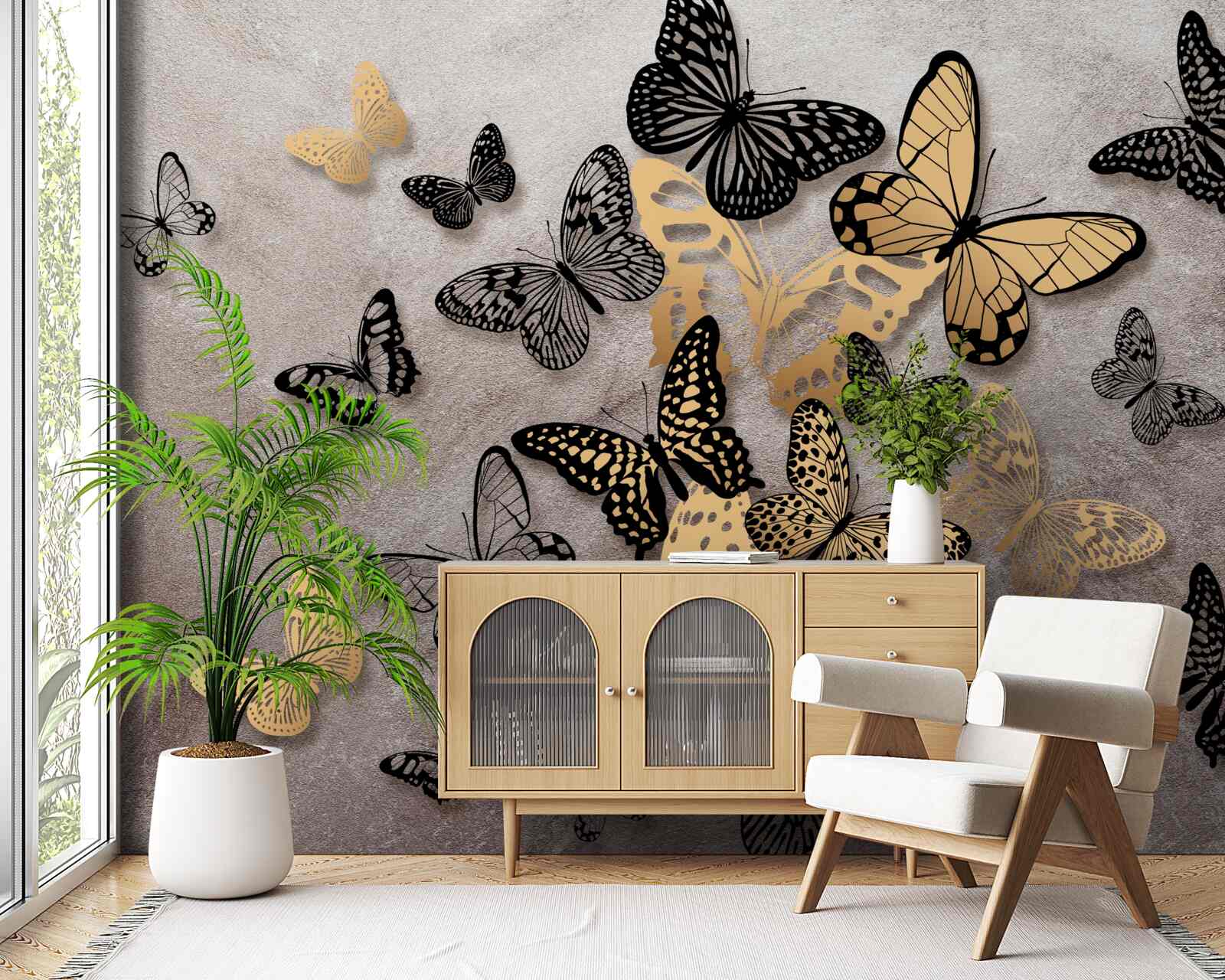 Фотошпалери золотисті та чорні метелики здіймаються в повітря