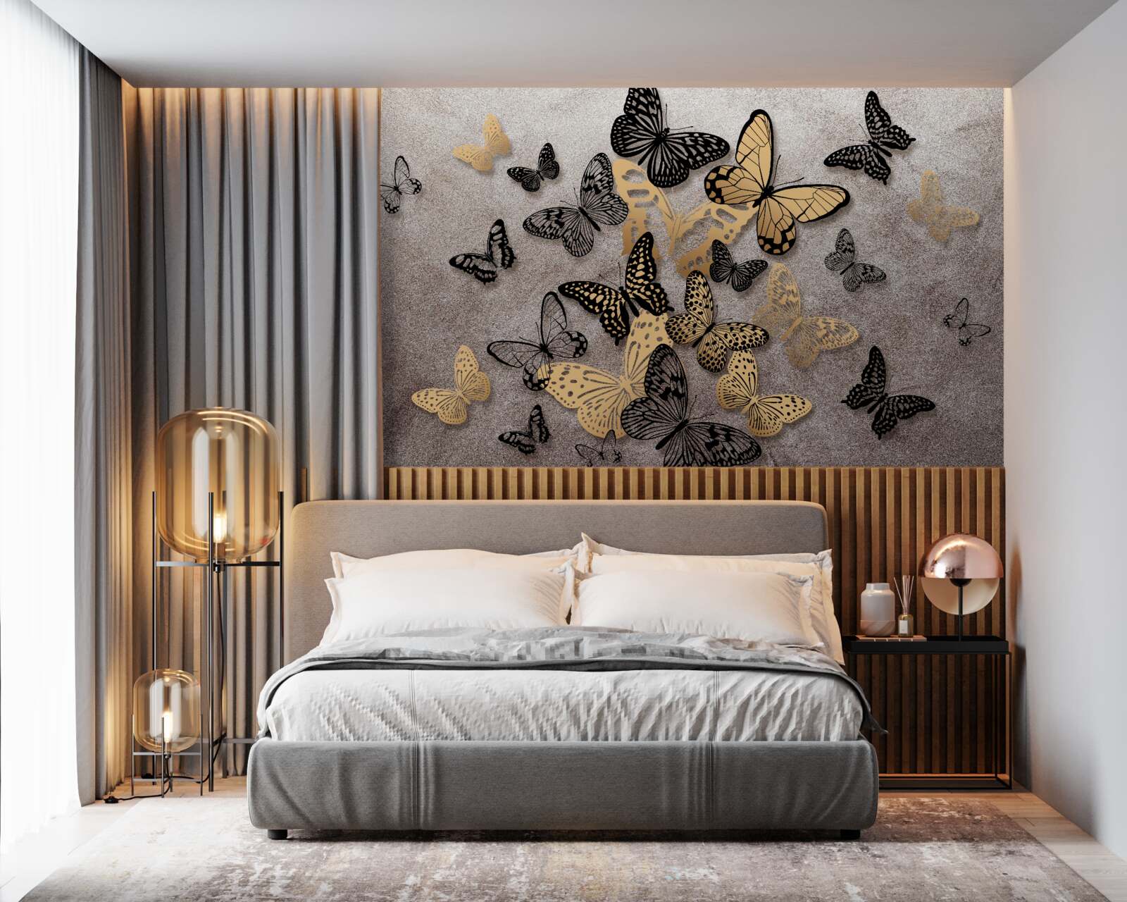 Фотошпалери золотисті та чорні метелики здіймаються в повітря