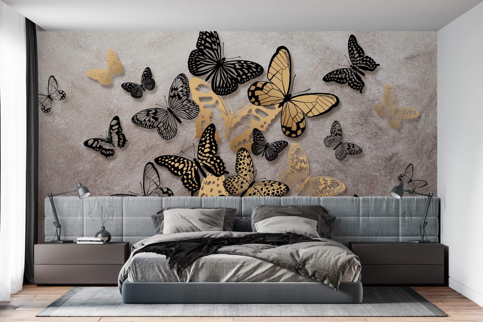 Фотошпалери золотисті та чорні метелики здіймаються в повітря