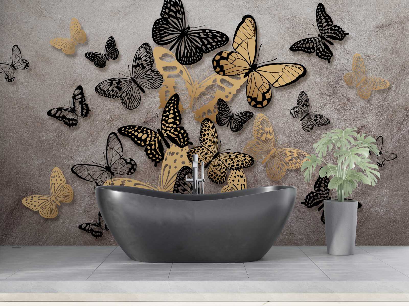 Фотошпалери золотисті та чорні метелики здіймаються в повітря