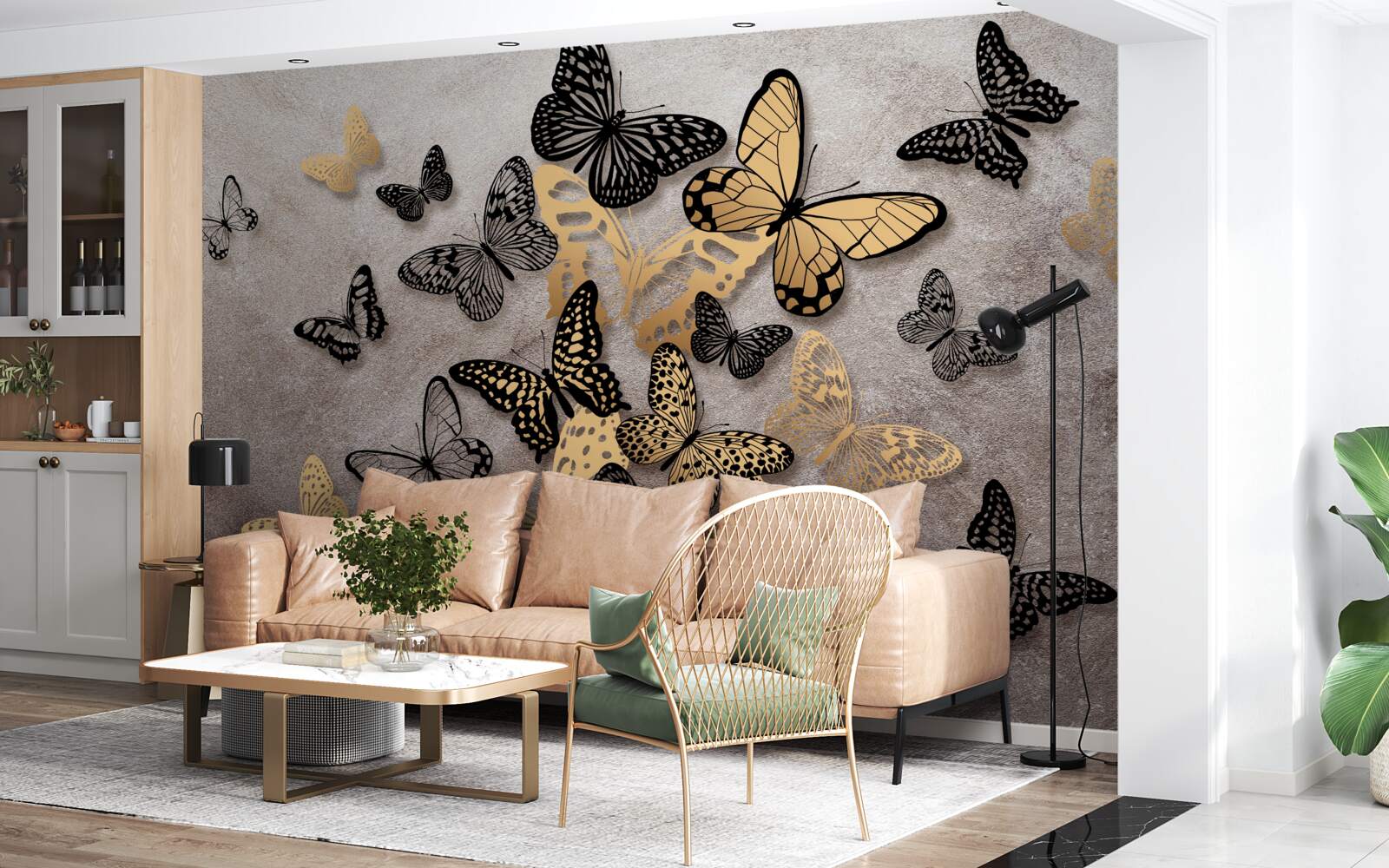 Фотошпалери золотисті та чорні метелики здіймаються в повітря