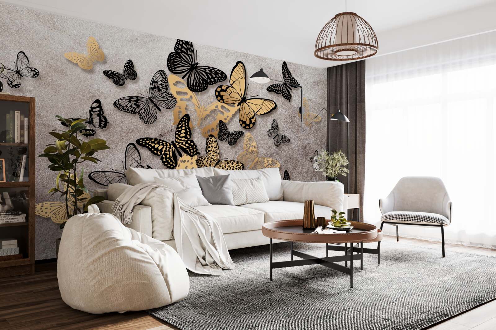 Фотошпалери золотисті та чорні метелики здіймаються в повітря