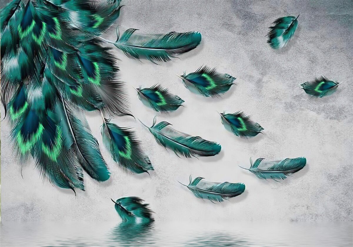 Фотошпалери вода вкрита смарагдовим павиним пір'ям, що спадає донизу