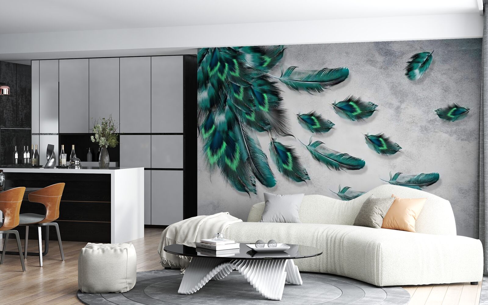 Фотошпалери вода вкрита смарагдовим павиним пір'ям, що спадає донизу