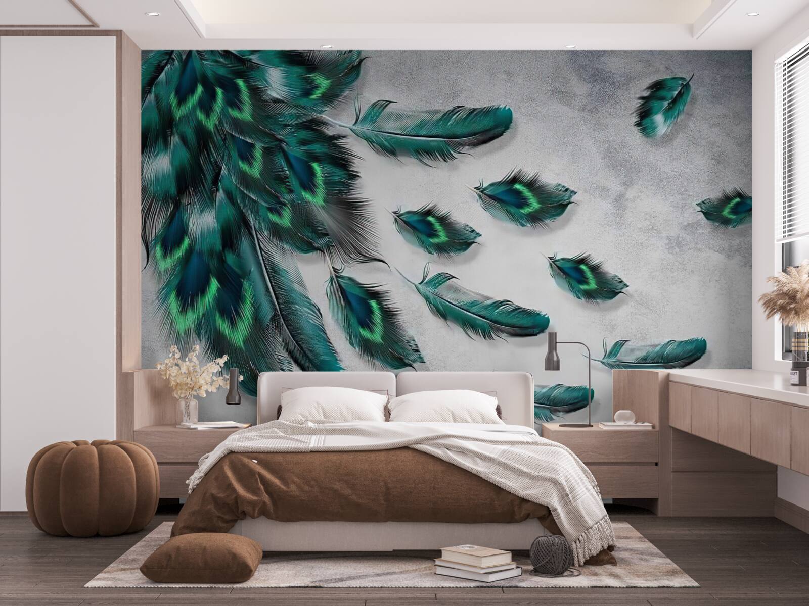 Фотошпалери вода вкрита смарагдовим павиним пір'ям, що спадає донизу