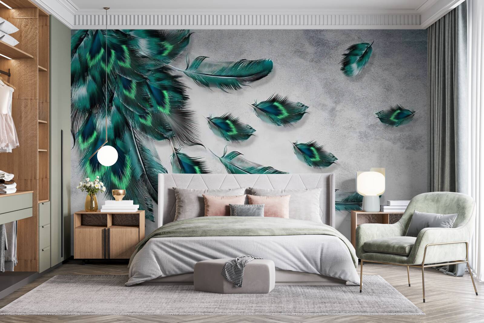 Фотошпалери вода вкрита смарагдовим павиним пір'ям, що спадає донизу