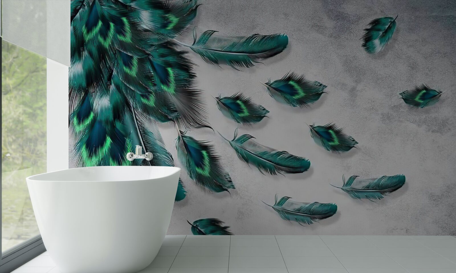 Фотошпалери вода вкрита смарагдовим павиним пір'ям, що спадає донизу