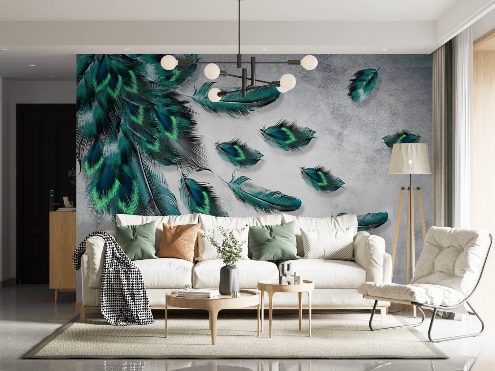 Фотошпалери вода вкрита смарагдовим павиним пір'ям, що спадає донизу