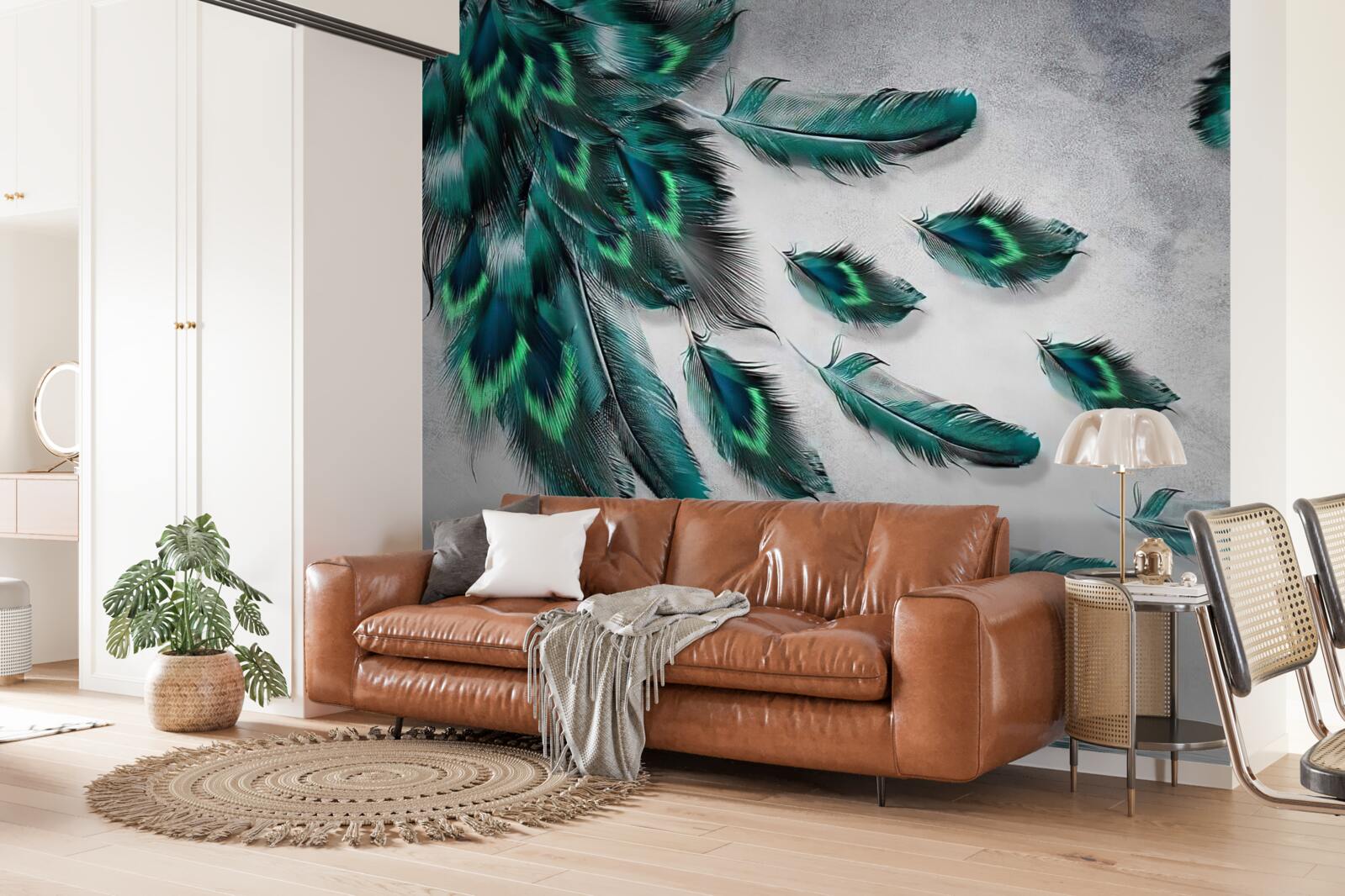 Фотошпалери вода вкрита смарагдовим павиним пір'ям, що спадає донизу