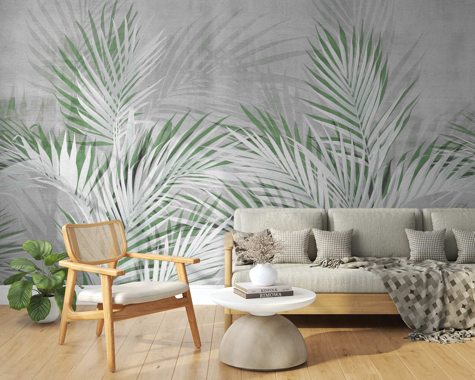 Фотошпалери зелене та біле листя пишної папороті