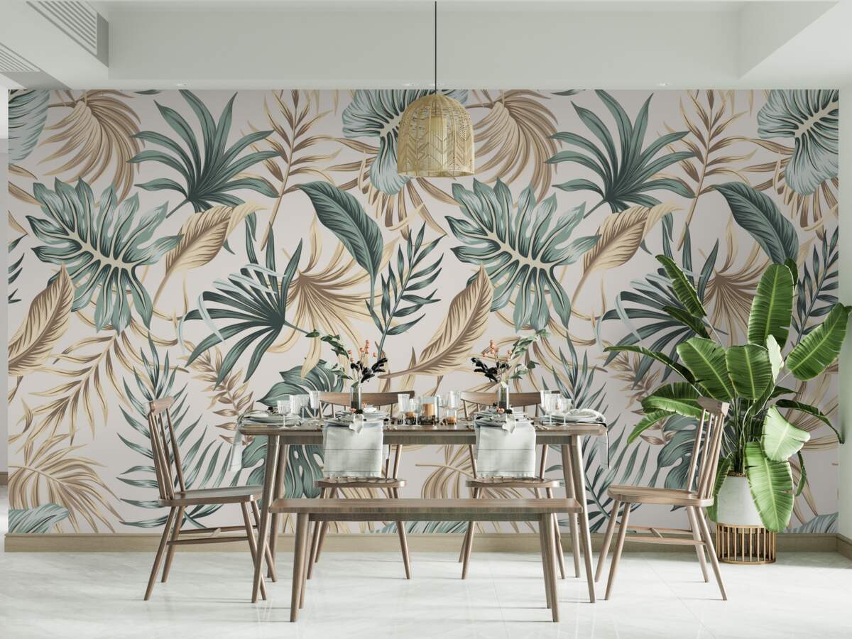 Фотошпалери листя джунглів у відтінках зеленого та золотого