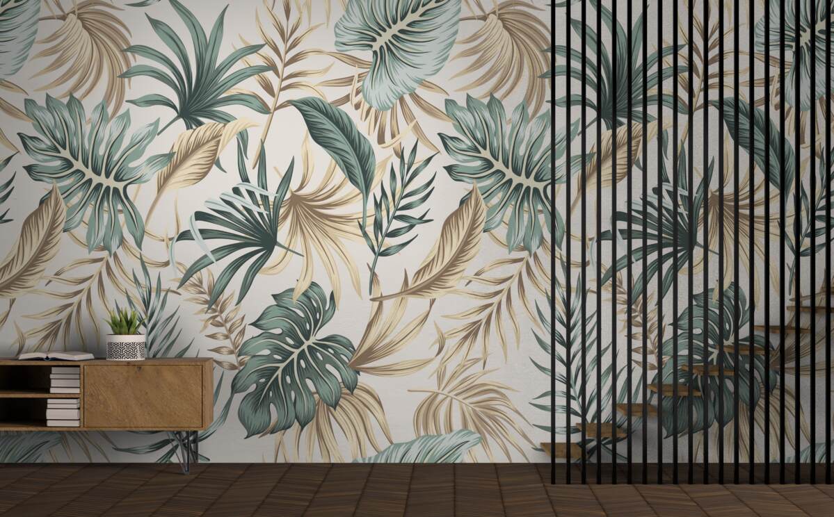 Фотошпалери листя джунглів у відтінках зеленого та золотого