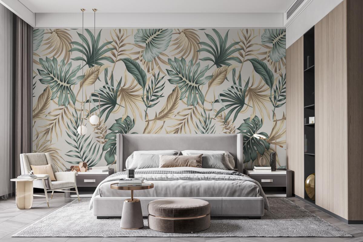 Фотошпалери листя джунглів у відтінках зеленого та золотого