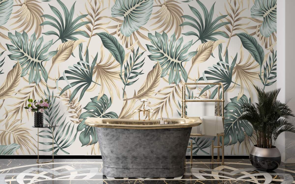 Фотошпалери листя джунглів у відтінках зеленого та золотого