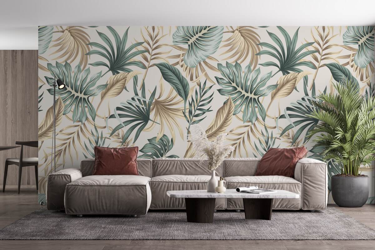 Фотошпалери листя джунглів у відтінках зеленого та золотого