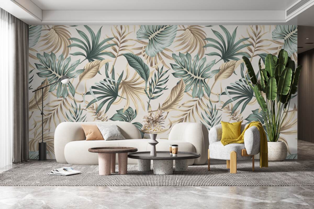 Фотошпалери листя джунглів у відтінках зеленого та золотого